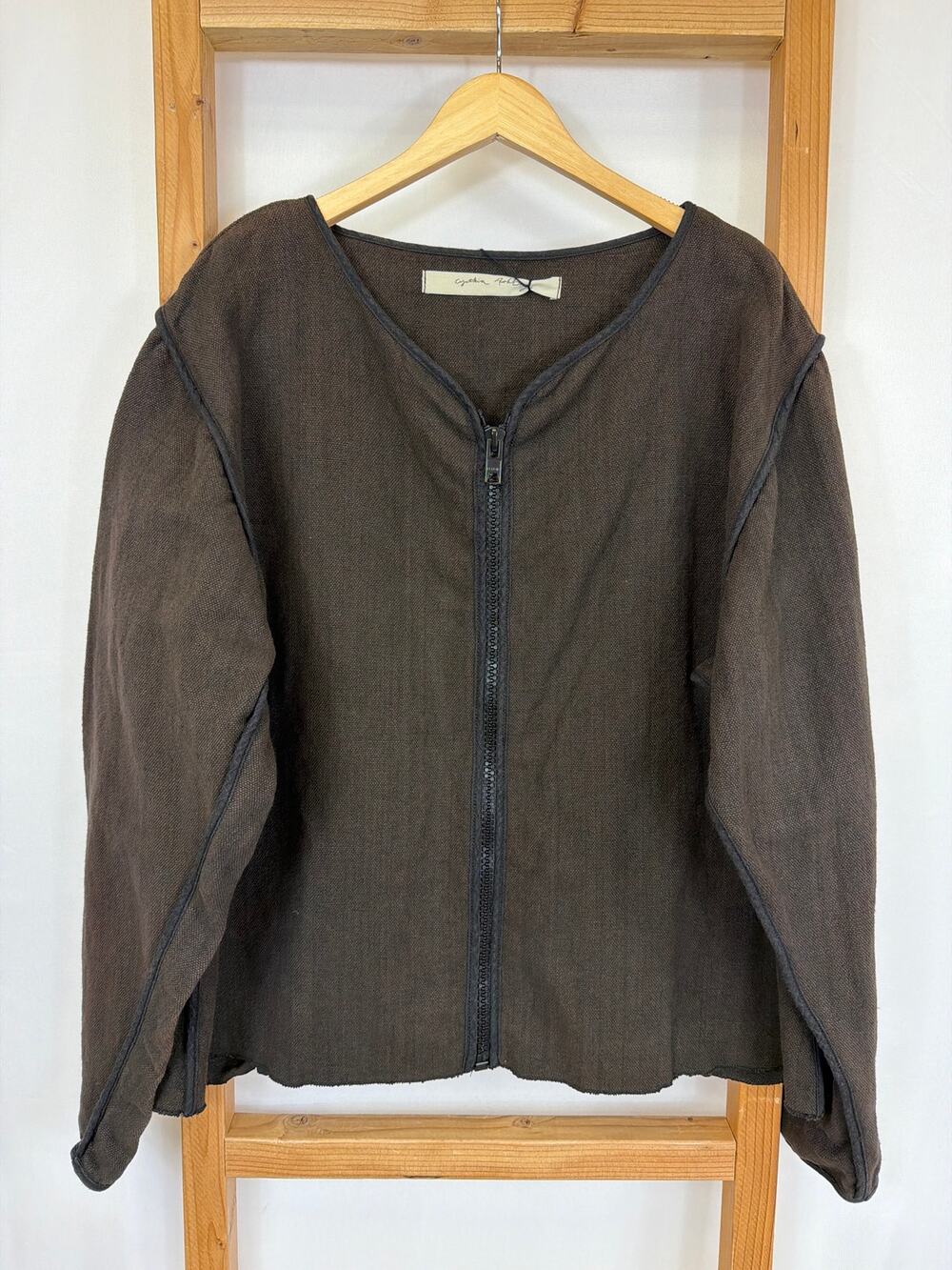 NWT Cynthia Ashby Brown Linen Blend Zip-Up Shirt Size XL